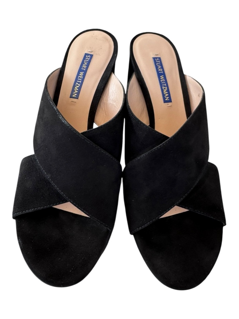 Stuart Weitzman Black Suede Criss-Cross Block Heel Mule Sandals - Size 8
